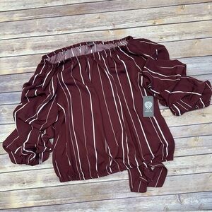 Vince Camuto Striped Off the Shoulder Bubble Sleeve Tie Front Blouse Merlot XL
